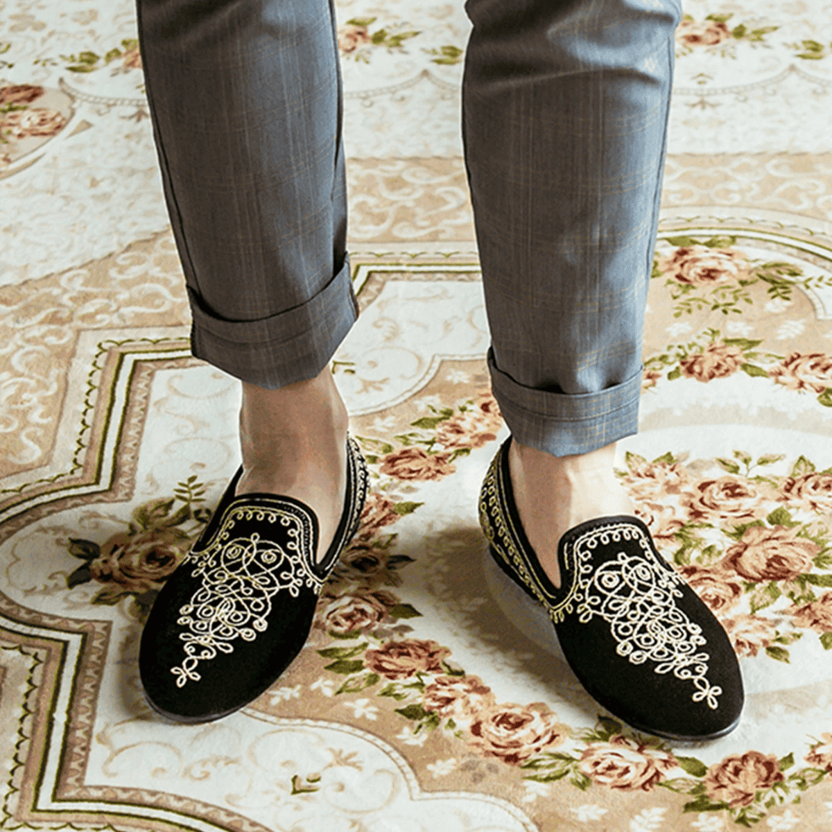 Black Velvet Embroidered Slippers