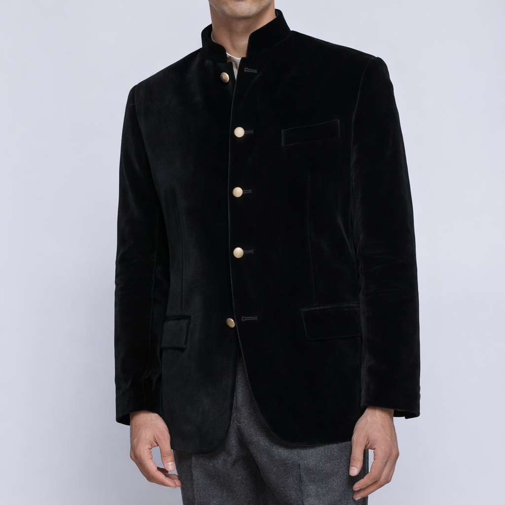 Made to Measure Black Italian Velvet Nehru Collar Jacket